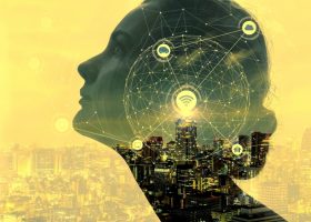 Woman's silhouette with AI interface