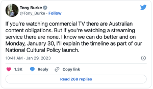 Tony Burke tweet Australian TV film