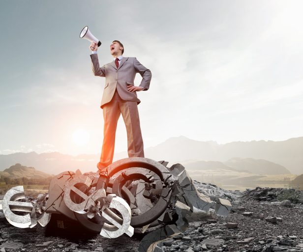 Low angle view of businessman looking like giant. Mixed media