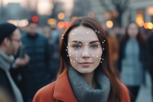 Advanced facial recognition technology identifies the face of woman in bustling crowd, utilizing the power of big data analysis scanning for enhanced authentication through face. generative ai