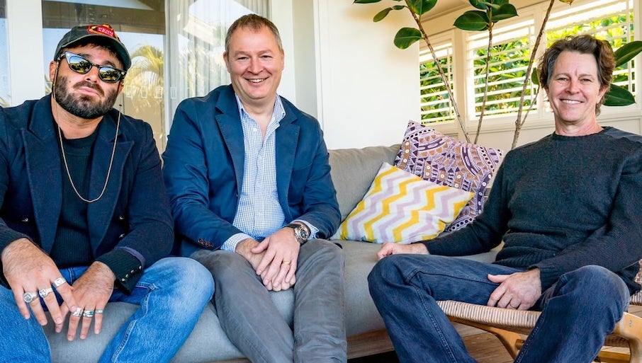 Singer and investor Angus Stone, with Eden Brew CEO Jim Fader, and backer Bernard Fanning