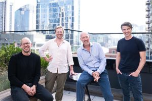 Gentrack CTO Mark Rees with Amber's Chris Thompson, his boss Gary Miles and Amber's other cofounder Dan Adams