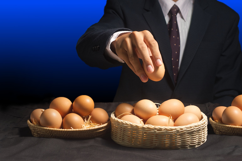 smart business man allocate egg into many baskets . do not put all eggs in one basket