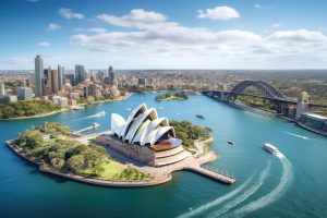 Landscape aerial view of Sydney Opera house near Sydney business center by AdobeStock's Generative AI model, Firefly.