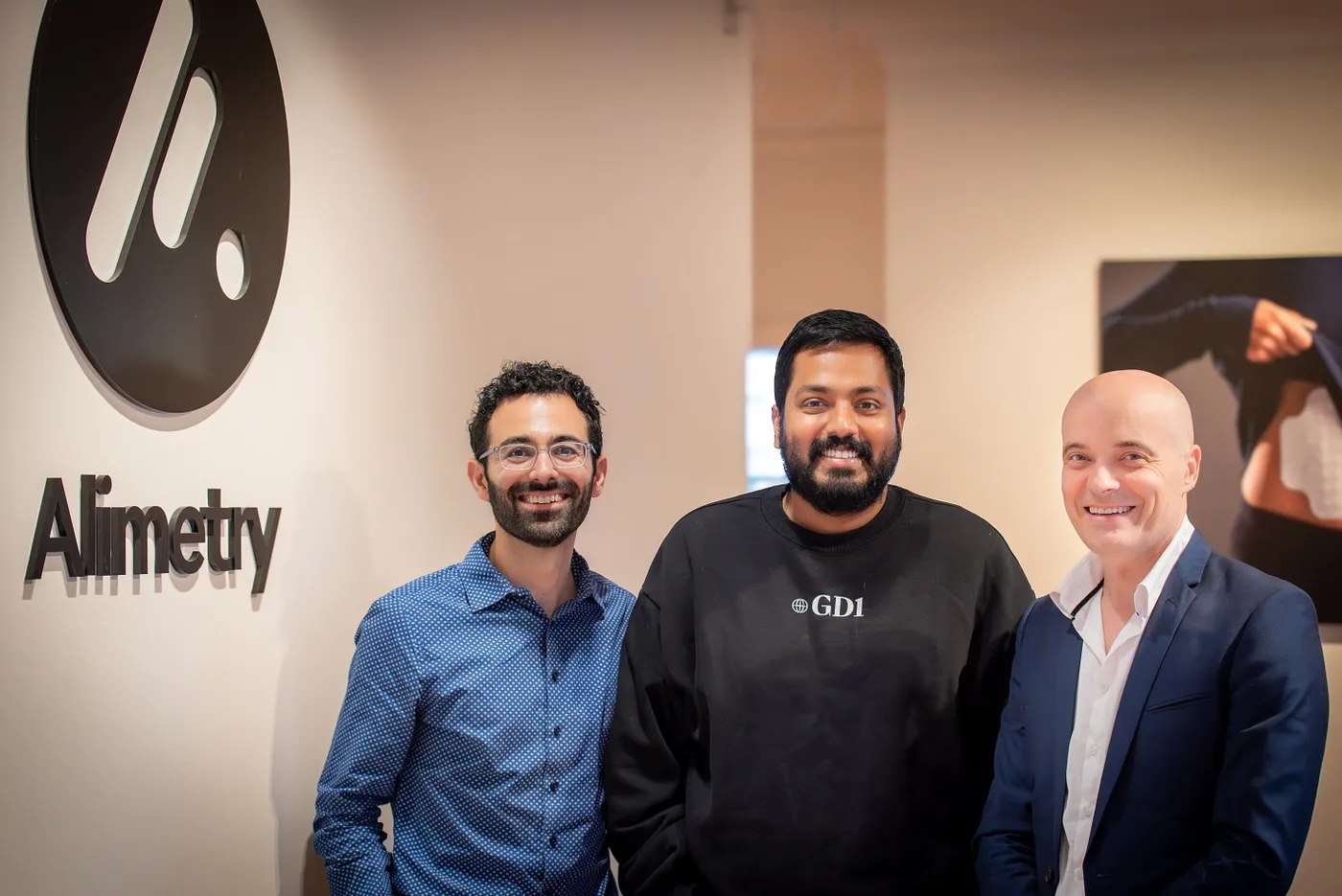 Alimetry cofounder Dr Armen Gharibans with investor Vignesh Kumar from GD1 and his cofounder and CEO Dr Greg O’Grady.